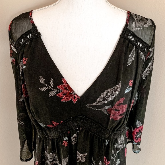 EUC Charming Charlie Black Maxi Length Tie-Back Floral Print Dress (Size Large) - Picture 2 of 9